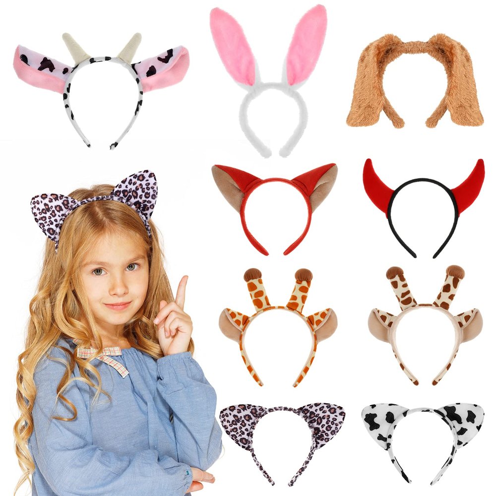 9pcs Animal Ear Headbands Fox Cow Devil Horn Dog Cat Giraffe Cosplay Costume Headdress Hair Accessories Party Performance