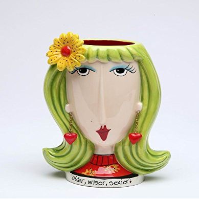 Fine Ceramic Dollymama's by Joey Older, Wiser, Sexier Green Hair Lady with Daisy Flower Makeup Brushes Holder Vase (Makeup Brushes NOT Included), 6-1/8" H