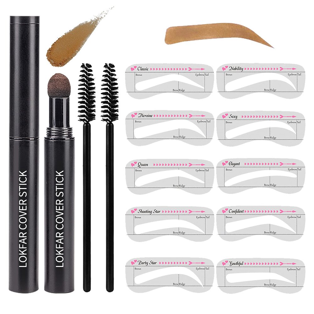 Eyebrow Stamp Stencil Kit, Waterproof Eye Brow Stamp Shaping Kit, Eye Brow Definer & Filling Powder - with 10 Eyebrow Stencils, 2 Brushes for Women (Coffee)