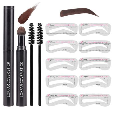 Eyebrow Stamp Stencil Kit, Waterproof Eye Brow Stamp Shaping Kit, Eye Brow Definer & Filling Powder - with 10 Eyebrow Stencils, 2 Brushes for Women (Dark Brown)
