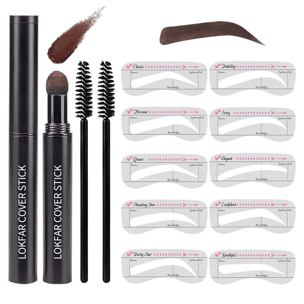 Eyebrow Stamp Stencil Kit, Waterproof Eye Brow Stamp Shaping Kit, Eye Brow Definer & Filling Powder - with 10 Eyebrow Stencils, 2 Brushes for Women (Dark Brown)
