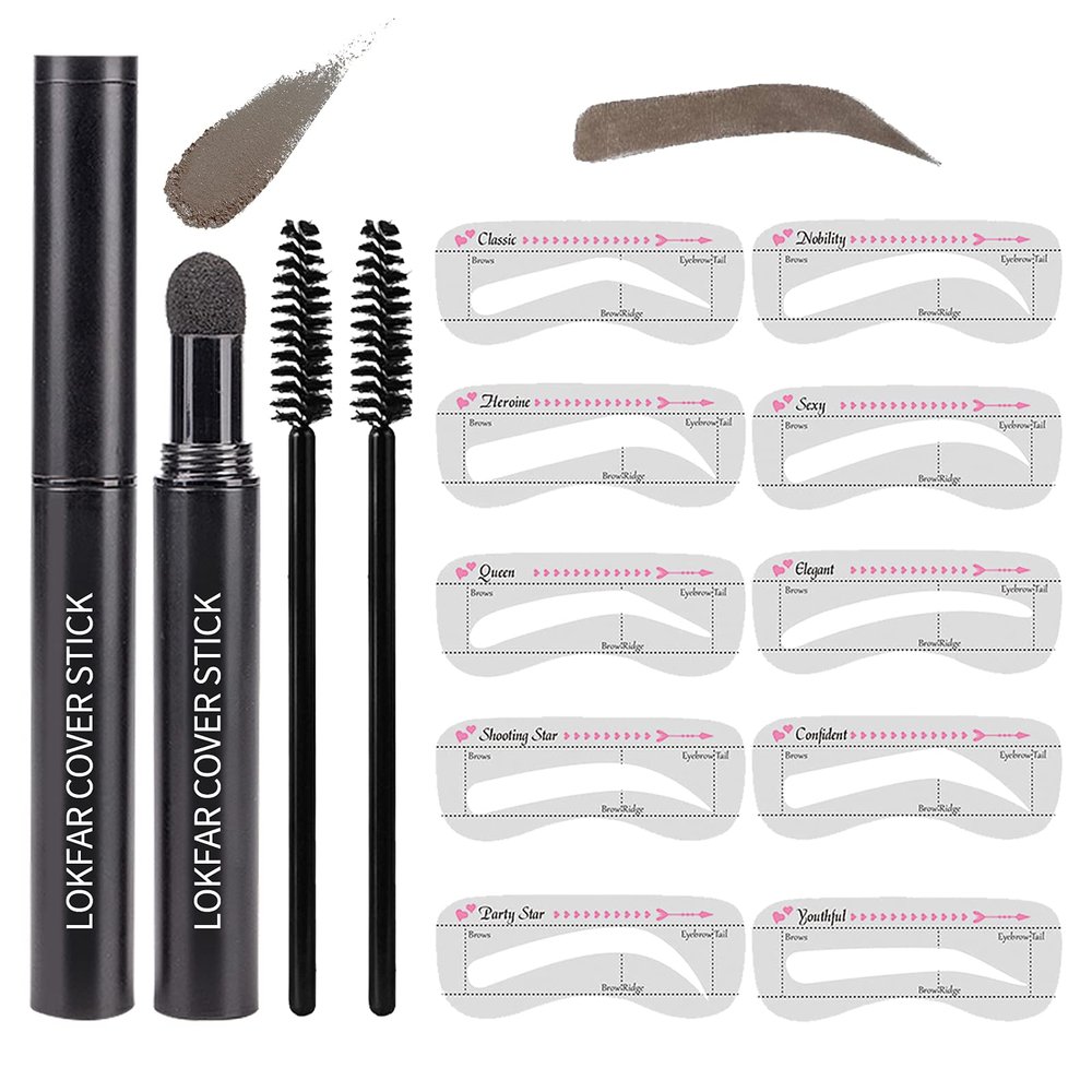 Eyebrow Stamp Stencil Kit, Waterproof Eye Brow Stamp Shaping Kit, Eye Brow Definer & Filling Powder - with 10 Eyebrow Stencils, 2 Brushes for Women (Gray-Black)