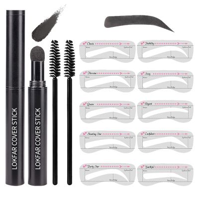 Eyebrow Stamp Stencil Kit, Waterproof Eye Brow Stamp Shaping Kit, Eye Brow Definer & Filling Powder - with 10 Eyebrow Stencils, 2 Brushes for Women (Black)