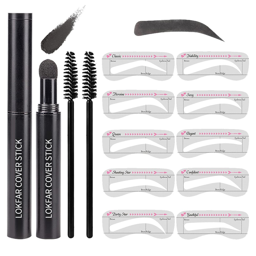 Eyebrow Stamp Stencil Kit, Waterproof Eye Brow Stamp Shaping Kit, Eye Brow Definer & Filling Powder - with 10 Eyebrow Stencils, 2 Brushes for Women (Black)