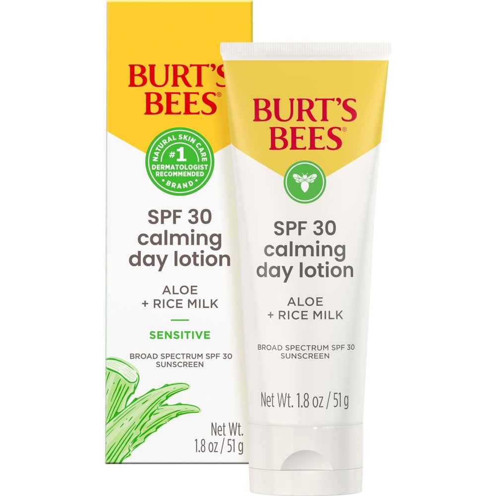 Burt's Bees SPF 30 Calming Day Face Lotion With Aloe and Rice Milk for Sensitive Skin, Sunscreen Face Lotion Soothes Redness and Irritation, 99.4 Percent Natural Origin Skin Care, 1.8 oz. Tube