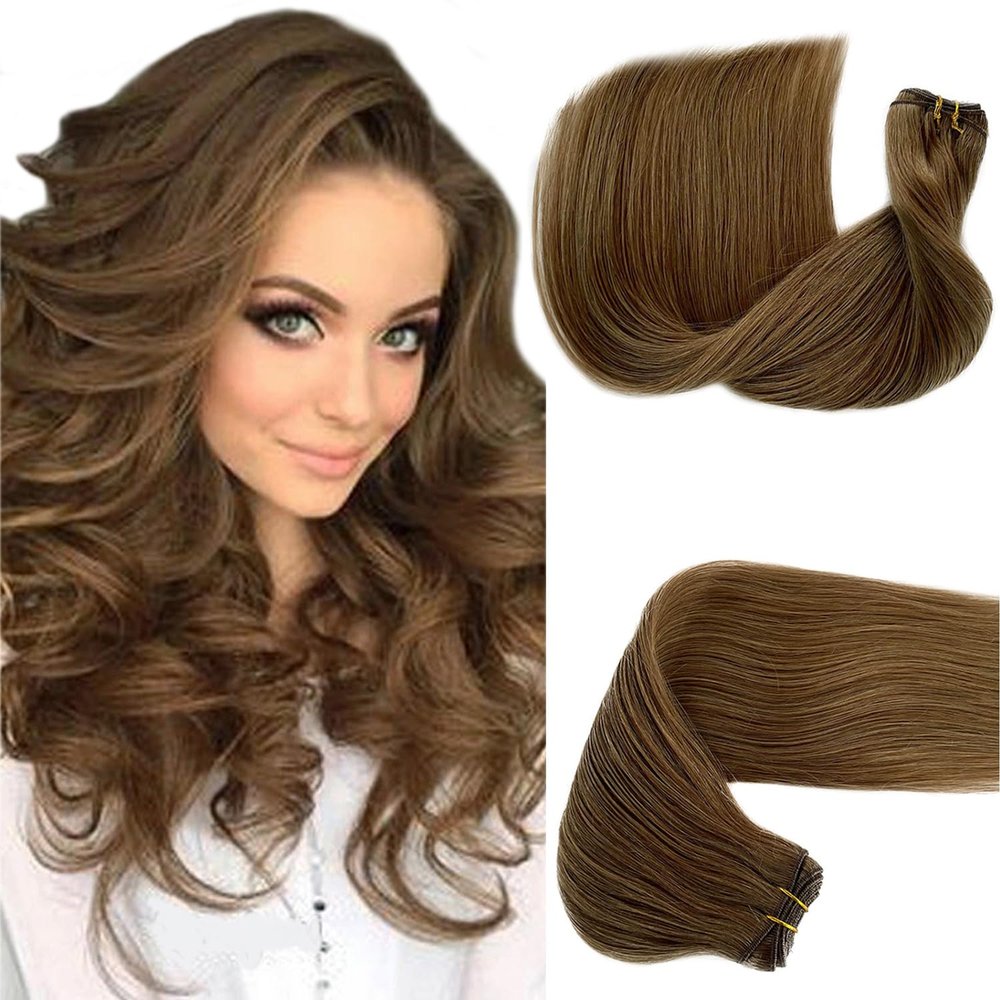Sew in Hair Extensions Human Hair - Ash Brown Hand Tied Weft Double Weft for Women - Real Human Hair Weave Bundles Remy Hair Wefts