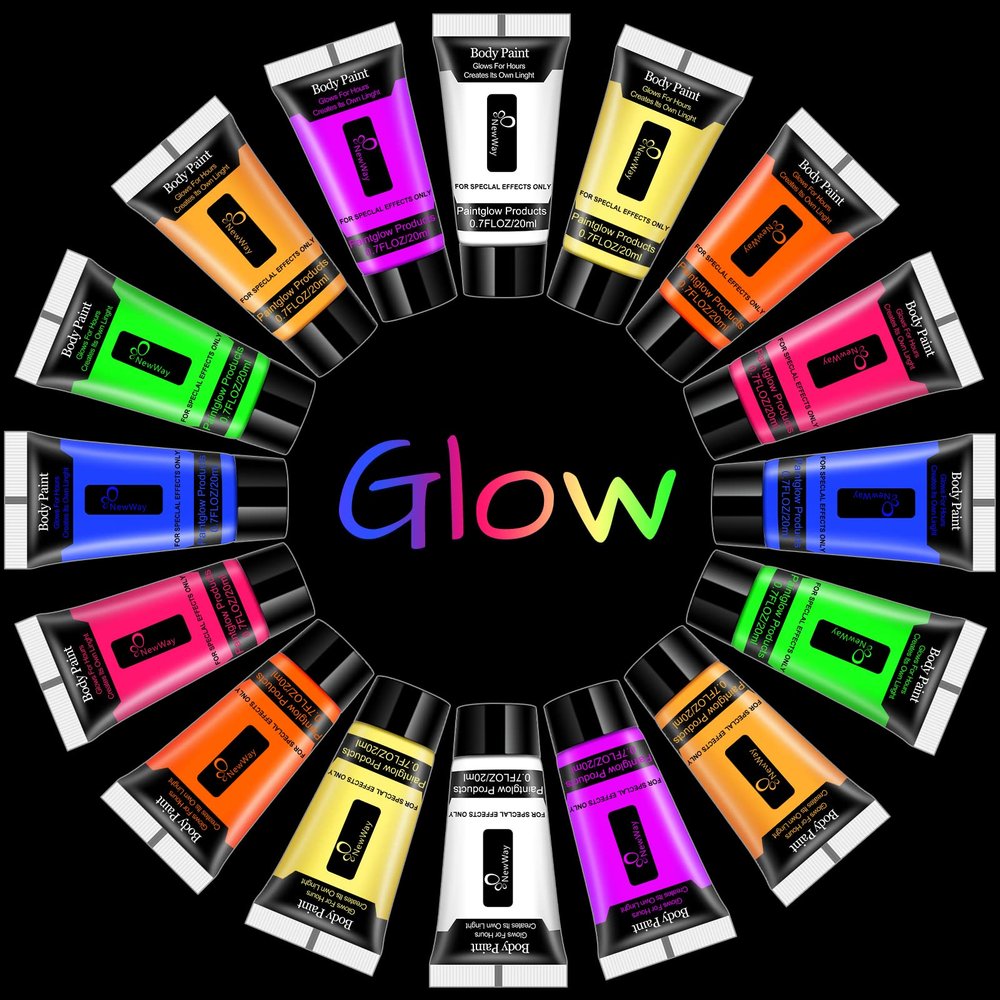NewWay Luminous Neon Face & Body Paint Glow in the Dark Party Supplies MakeUp Cream Paint Light For Halloween Christmas 8 Color 0.7 fl oz x 16 Tubes