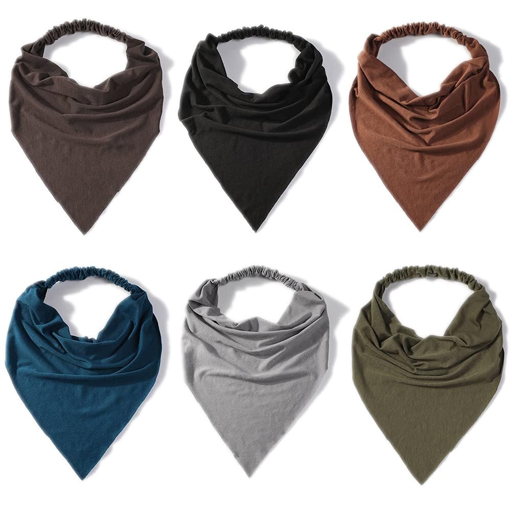 Vercret 6 Pack Scarf Headband for Women - Elastic Large Boho Triangle Bandana Head Scarves with Clips Non Slip Solid Color Hair Kerchief for Teen Girls