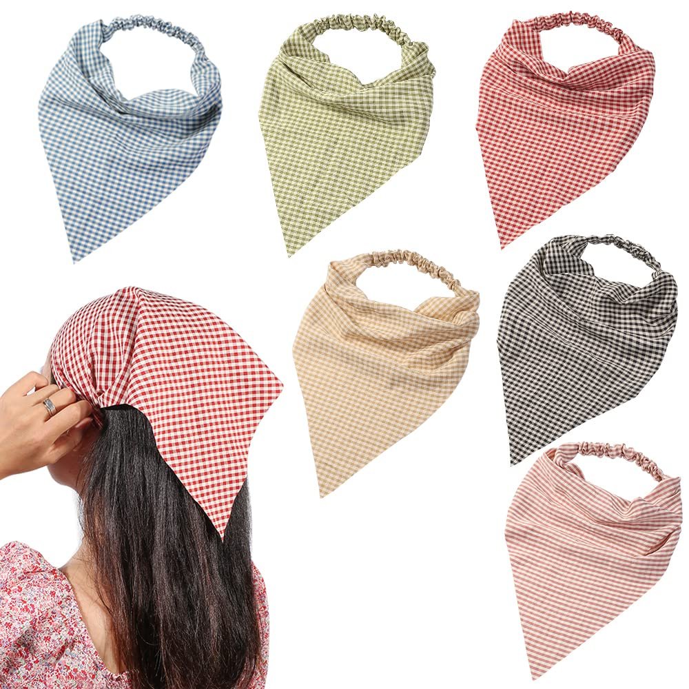 6 Pack Hair Scarf Headband for Women - Elastic Hair Kerchief Large Boho Triangle Bandana Head Scarf with Clips Non Slip Lattice Headbands Hair Scarves for Teen Girls