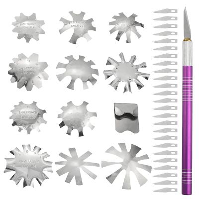 XINMEIWEN 12Pcs French Nail Trimmer Stainless Steel French Tip Cutters Smile Line Cutter DIY Plate Module with 1 Handles French Tip Cutting Knife and 25 Spare Knife for Acrylic Nail (Silver)