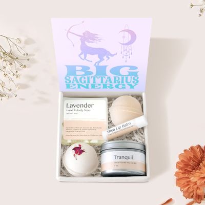 Dear Ava Spa Gifts for Women - Organic Self Care luxury Anti Stress Relaxing Bath and Body Kit Set Basket Box for Her with Heartfelt Card - Sagittarius Zodiac Birthday Gift