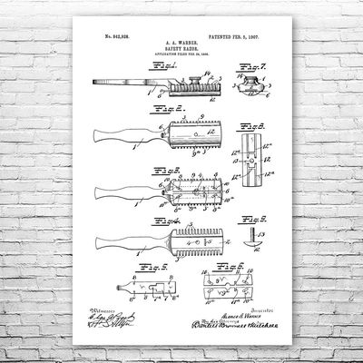 Shaving Safety Razor Poster Print, Barber Gift, Bathroom Art, Stylist Gift, Salon Wall Art, Shaving Blueprint Black & White (12 inch x 16 inch)