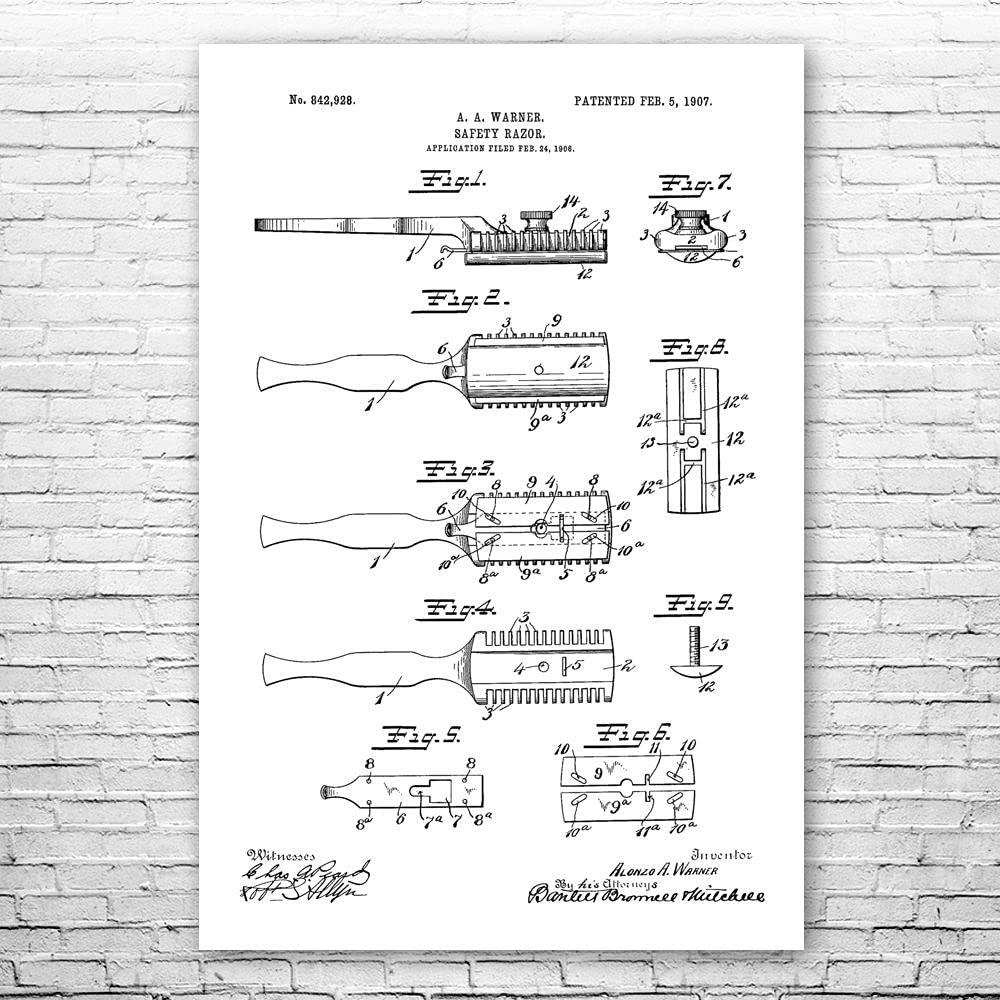 Shaving Safety Razor Poster Print, Barber Gift, Bathroom Art, Stylist Gift, Salon Wall Art, Shaving Blueprint Black & White (12 inch x 16 inch)