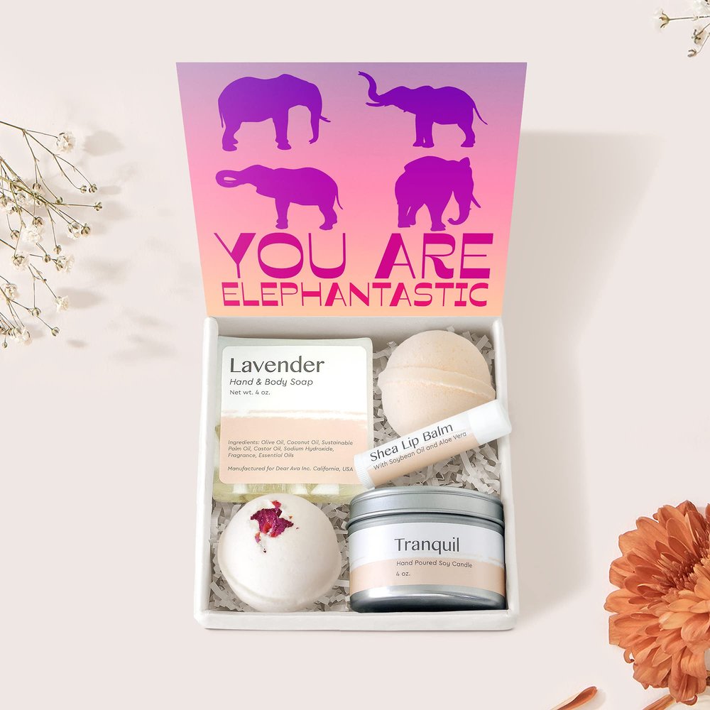 Dear Ava Spa Gifts for Women - Organic Self Care luxury Anti Stress Relaxing Bath and Body Kit Set Basket Box for Her with Heartfelt Card - Funny Elephantastic Gift