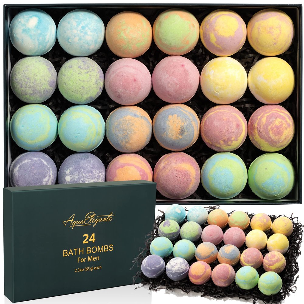 Luxury Bath Bombs for Men - Gift Set of 24 Bathbombs with Organic Essential Oils - Natural Vegan Soap for Moisturizing Fizzy Bubbles