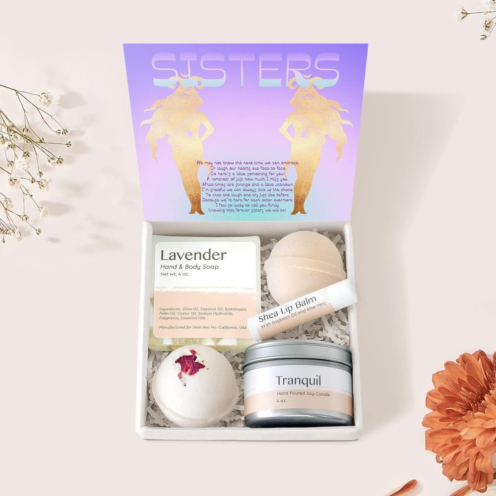 Dear Ava Spa Gifts for Women - Organic Self Care luxury Anti Stress Relaxing Bath and Body Kit Set Basket Box for Her with Heartfelt Card - Gift for Sister