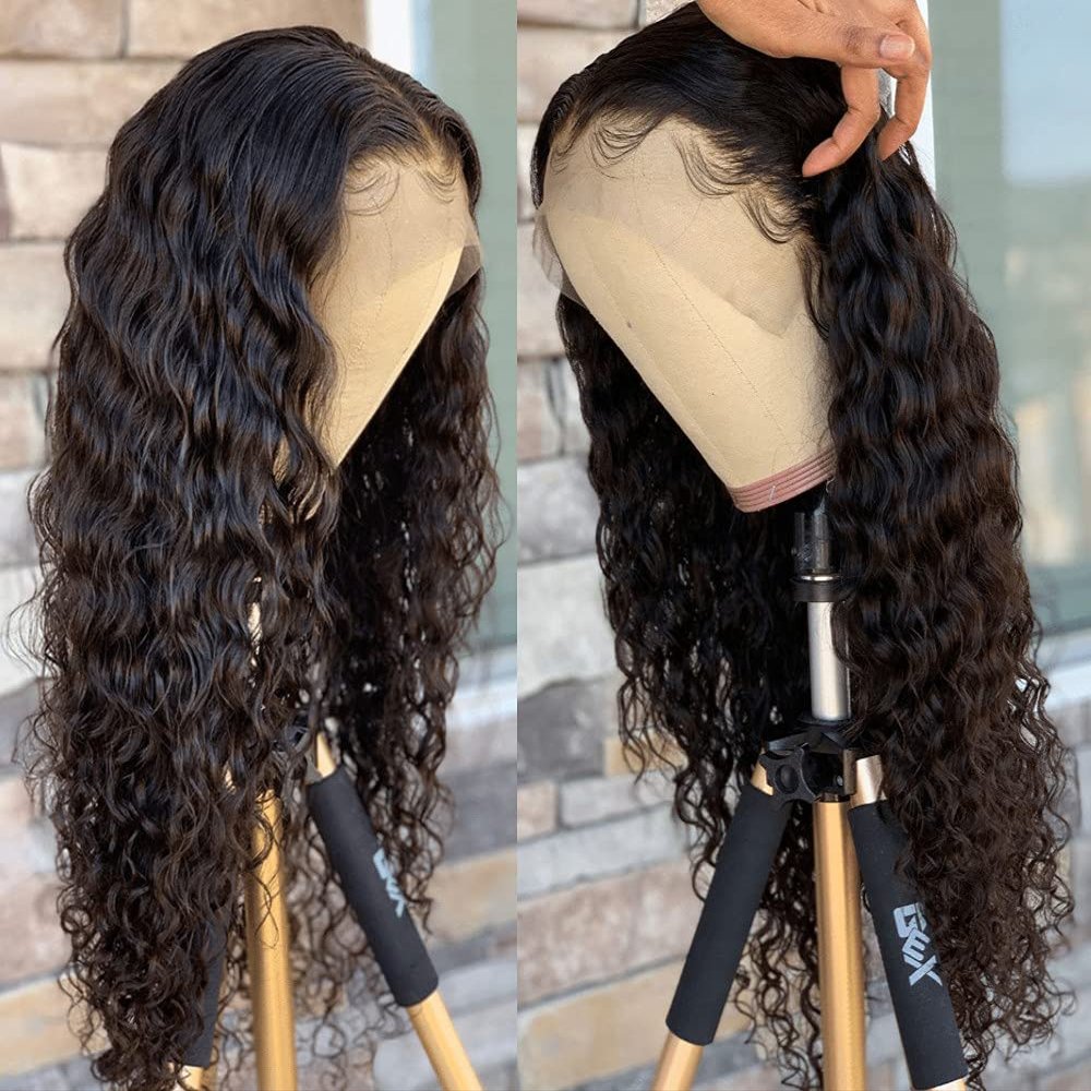 136 Water Wave Curly Transparent Lace Front Human Hair Wig Pre Plucked Lace Frontal Wig For Black Women Bleached Knots Free Part Glueless Brazilian Hair Remy 150% Density 18"