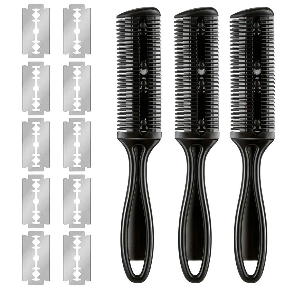 Bticx 3 Pieces Razor Comb with 10 Pieces Razors, Hair Razor Combs Double Hair Cutting Comb with 10 Stainless Steel Blade, Hair Thinning Comb Slim Haircuts Cutting Tool