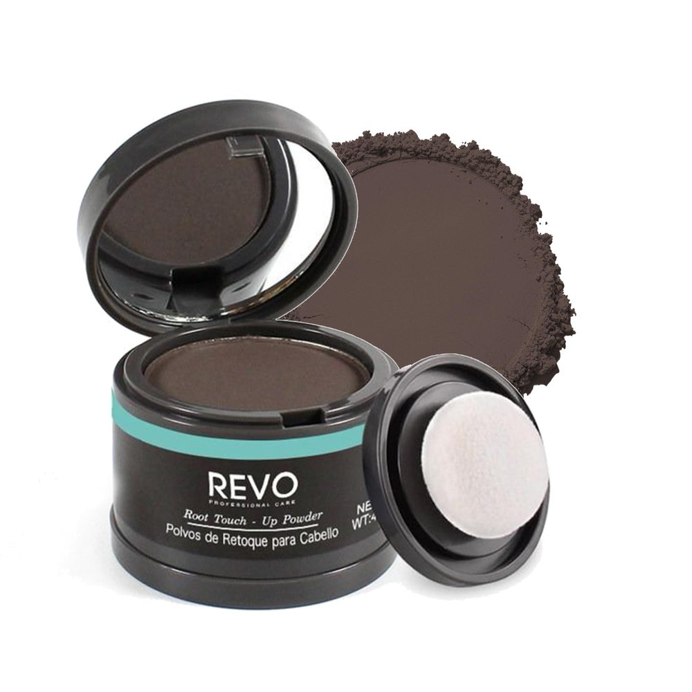 REVO Dark Brown Root Touch Up Powder - Hairline Shadow & Bald Spot Filler - Instant Gray Coverage Hair Concealer for Men & Women - Sweat-Proof Scalp Powder with Sponge Applicator (Non-Sticky)