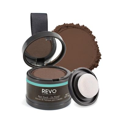 REVO Medium Brown Root Touch Up Powder - Hairline Shadow & Bald Spot Filler - Instant Gray Coverage Hair Concealer for Men & Women - Sweat-Proof Scalp Powder with Sponge Applicator (Non-Sticky)