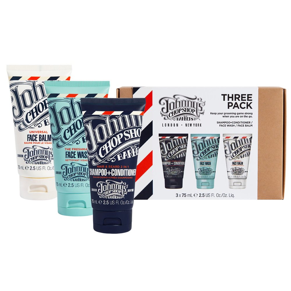 Johnny's Chop Shop 3-pack Men?s Travel Gift Set includes Shampoo + Conditioner, Face Wash, & Face Balm
