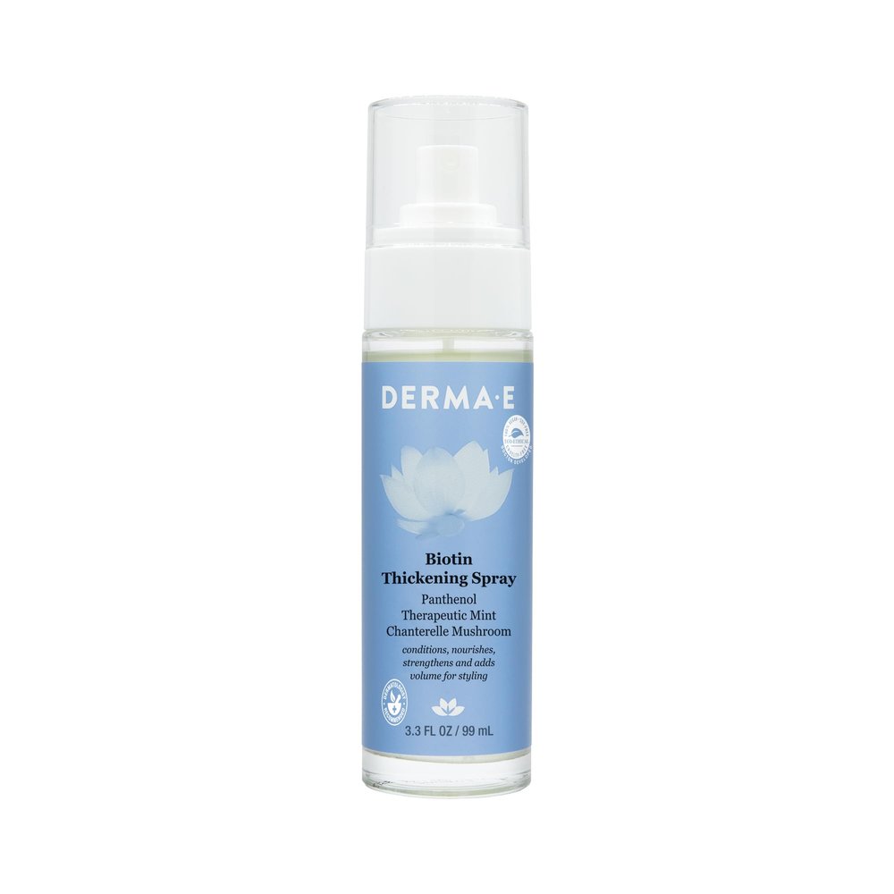 Derma E Biotin Thickening Spray  Volumizing Protein-Enriched Texturizer for Fine Hair with Panthenol, Therapeutic Mint and Chanterelle Mushroom, 3.3 Fl Oz