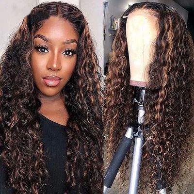 Imeya 13x6 Loose Deep Wave Human Hair Wigs HD Lace Front Wigs Pre Plucked with Baby Hair Ombre Brown Highlight Blonde Wigs for Balck Woman 18 Inch Curly Wigs Brazilian Virgin Hair 150% Density