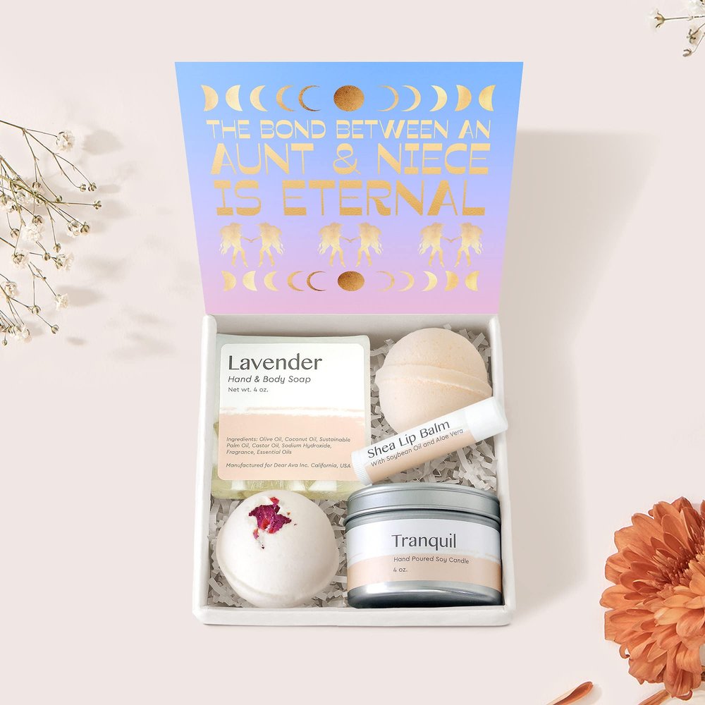 Dear Ava Spa Gifts for Women - Organic Self Care luxury Anti Stress Relaxing Bath and Body Kit Set Basket Box for Her with Heartfelt Card - Birthday Holiday Gift for Sister