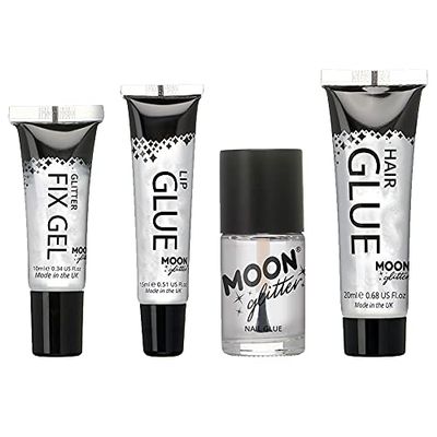 Glitter Fixatives Set by Moon Glitter - Includes Fix Gel, Lip Glue, Nail Glue & Hair Glue
