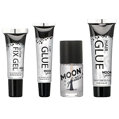 Glitter Fixatives Set by Moon Glitter - Includes Fix Gel, Lip Glue, Nail Glue & Hair Glue