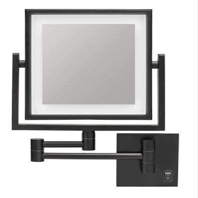 ALWUDI Wall Mounted Makeup Mirror with Lights and 3X Magnification, 8 in Double Sided Squares Vanity Mirror with Extendable Arm Bathroom Shaving Mirror for Bathroom Hotel,Black_Plug