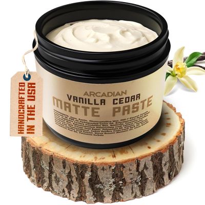 Arcadian Grooming Vanilla Cedar Matte Paste Mens Hair Styling Cream Heavy Hold Vegan Cruelty Free, 4oz