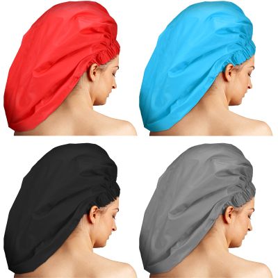 4 Pieces Jumbo Shower Caps, Extra Large Waterproof Shower Caps for Braids, Bath Hair Hat for Women Long Hair, Soft and Comfortable(Blank Pattern,Black, Grey, Blue, Red)