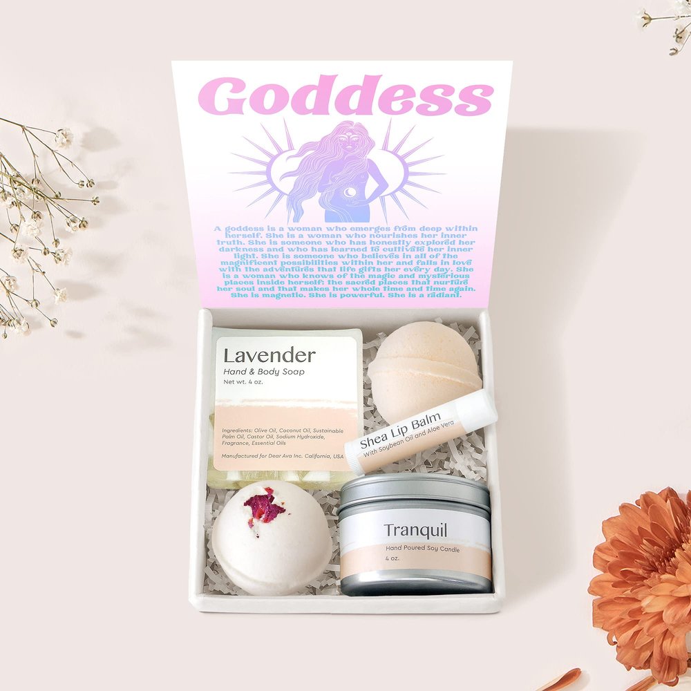 Dear Ava Spa Gifts for Women - Organic Self Care luxury Anti Stress Relaxing Bath and Body Kit Set Basket Box for Her with Heartfelt Card - Motivational and Inspirational Gifting Idea