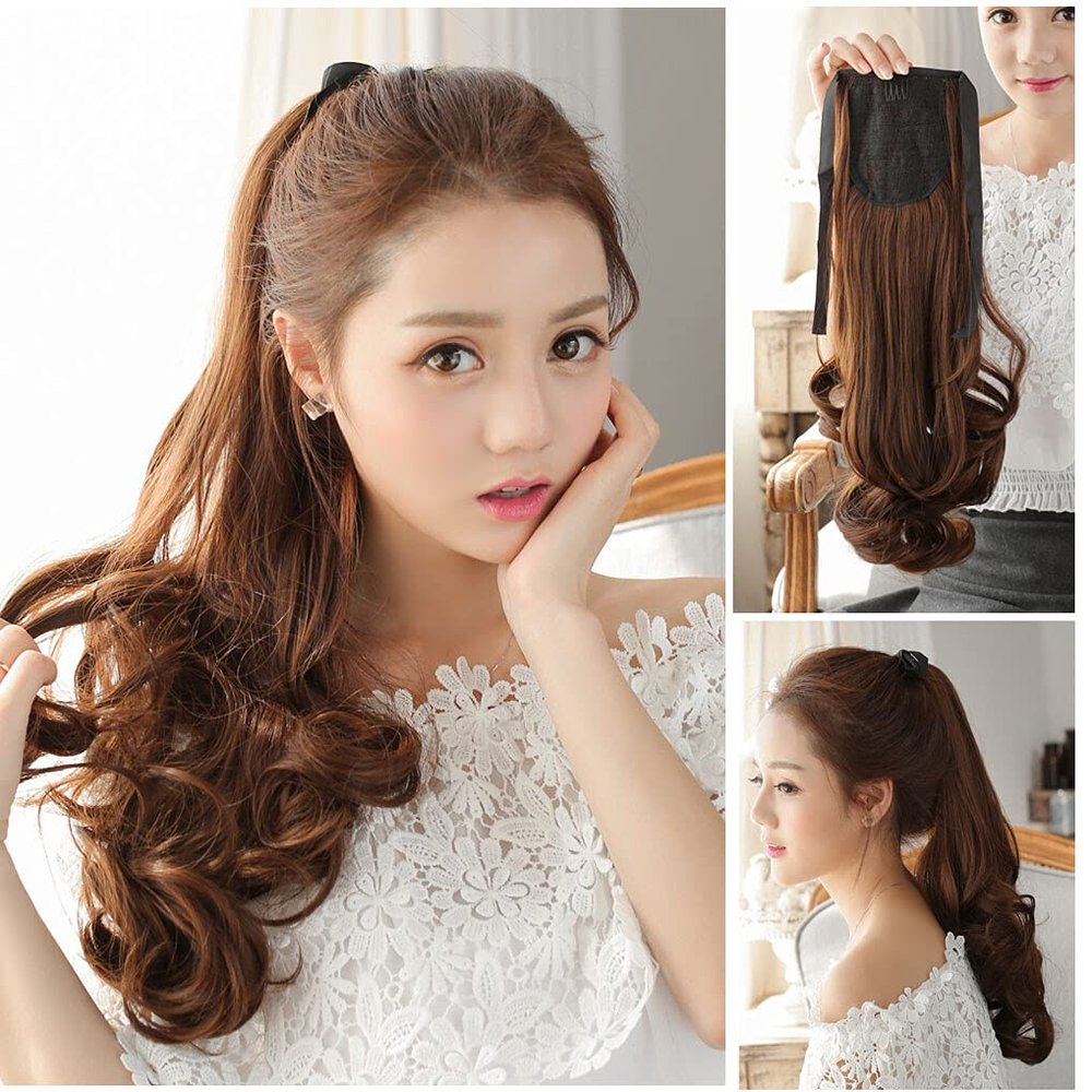 YYDS Fluffy Wavy Ponytail Extension Easy Wear Natural Snythetic Pony Tail Wig (55cm Claw Clip Black)