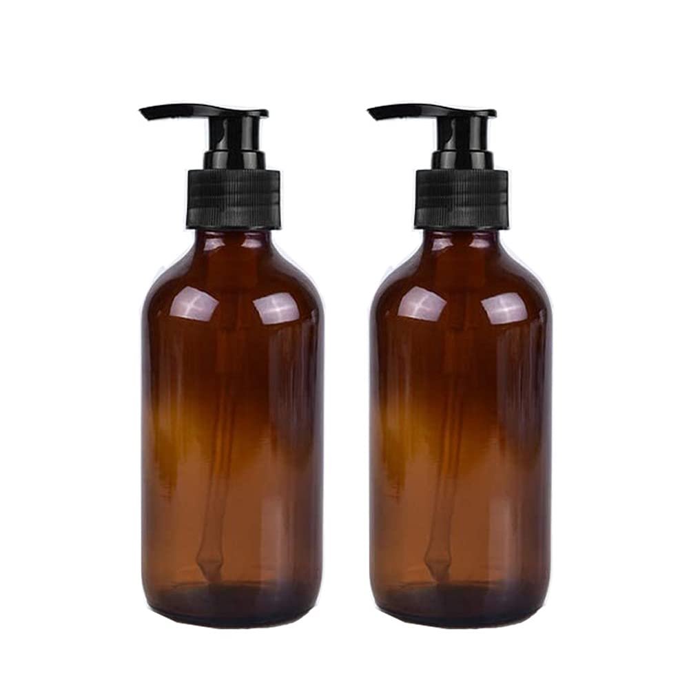 2 Pack Empty Amber Glass Lotions Pump Bottles Refillable Travel Glass Bottles with Pump Dispenser for Shampoo, Essential Oils, Cleaning Products, Lotions(500ml)