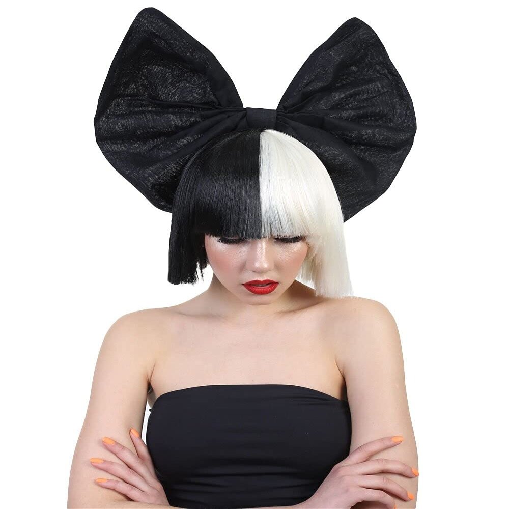 HPO Women's Celebrity Style Bob Wig, Multiple Color & Style Options, (Black & White w/Black Bow, Medium)