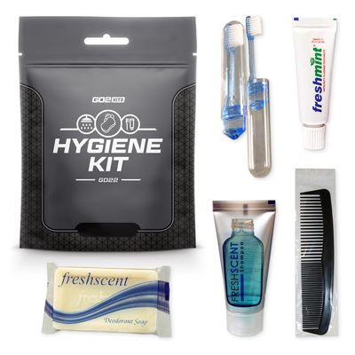 Go2Kits Travel Toiletry Kit, Hygiene Kit for Travel, Business & Charity with Reusable Toothbrush, Bath Soap & Other Essential Toiletries, 100-Pack (GO22)