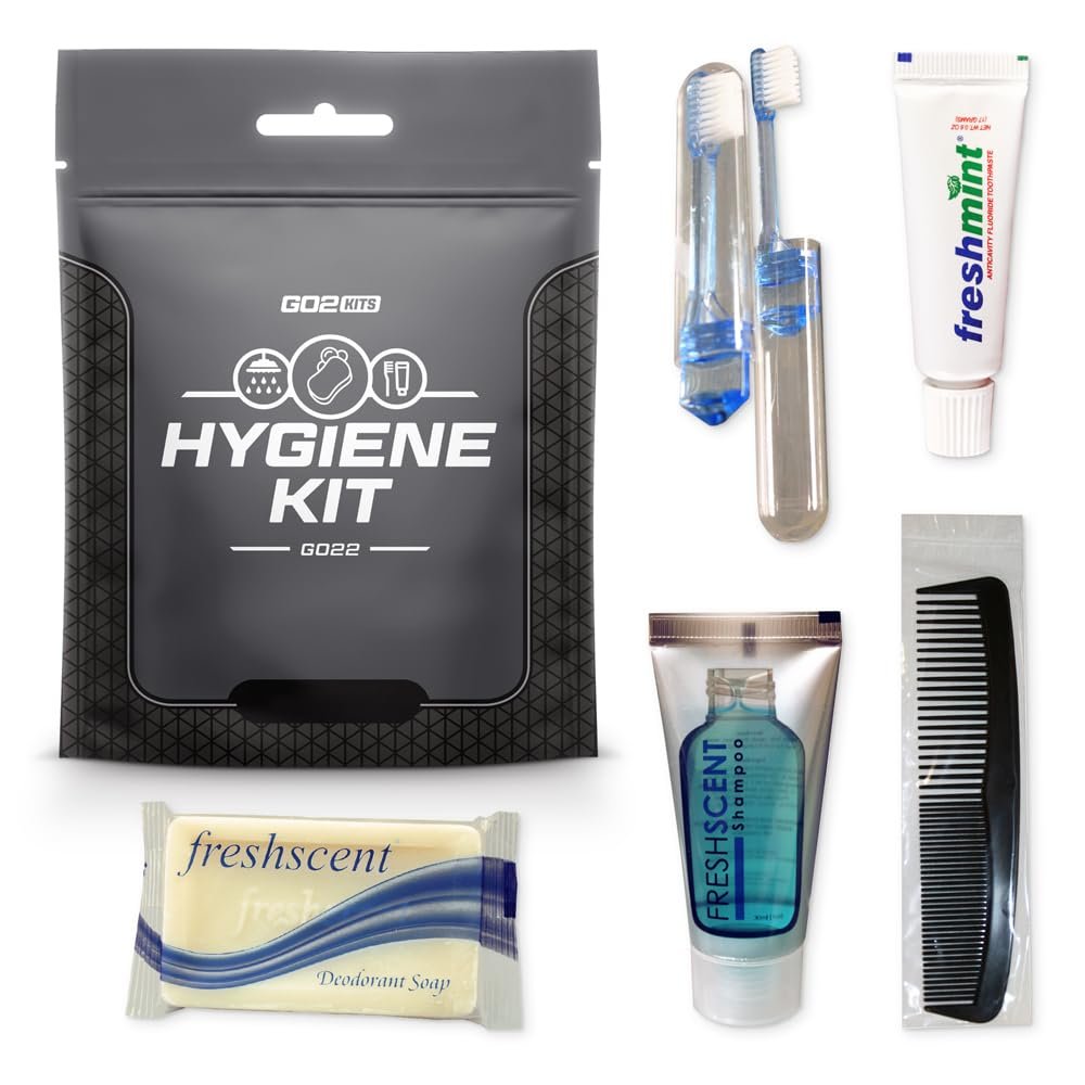 Go2Kits Travel Toiletry Kit, Hygiene Kit for Travel, Business & Charity with Reusable Toothbrush, Bath Soap & Other Essential Toiletries, 100-Pack (GO22)