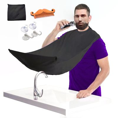 Beard Bib Beard Apron, Beard Bib Hair Catcher for Shaving & Trimming, Beard Trimming Catcher Bib for Men,7 Piece Bib Kit with Beard Cape Grooming Cloth, 4 Suction Cups, Beard Comb, Storage Bag (Black)