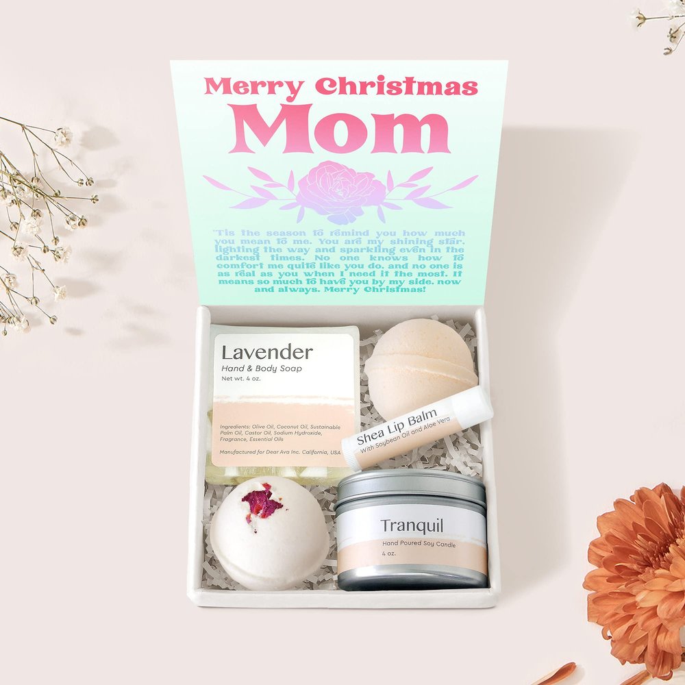 Dear Ava Spa Gifts for Women - Organic Self Care luxury Anti Stress Relaxing Bath and Body Kit Set Basket Box for Her with Heartfelt Card - Merry Christmas Gift for Mom