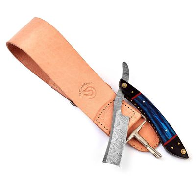 Qureshi Damascus Stainless Steel Barber razor, Straight Razor for Men Includes Fixed Blade, Leather Sharpening Strop, and Case with Colored Wood Handle for a Silky Magic Shave