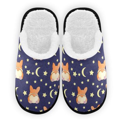 Umidedor Corgi Dog Moons Stars Cartoons Slippers for Women Girls, Soft Memory Foam Non-Slip Indoor House Slippers Home Shoes for Bedroom Hotel Travel Spa