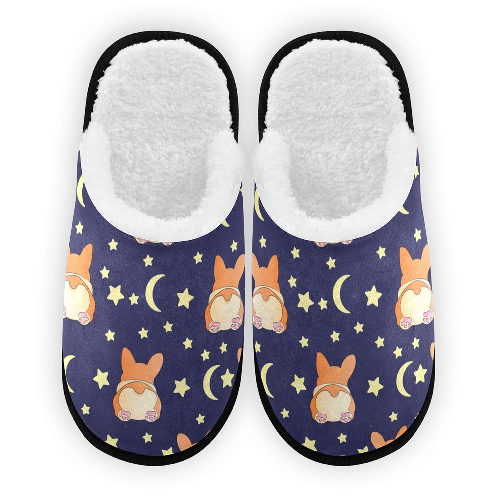 Umidedor Corgi Dog Moons Stars Cartoons Slippers for Women Girls, Soft Memory Foam Non-Slip Indoor House Slippers Home Shoes for Bedroom Hotel Travel Spa