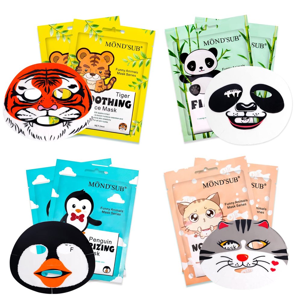 Animal Spa Mask, Character Masks Sheet- Penguin, Panda, Tiger, Cat -Nourishing Moisturizing Effects For All Skin Types- Birthday Party Gift for her, Girls Night, Spa Night, Beauty Gift (8pack)