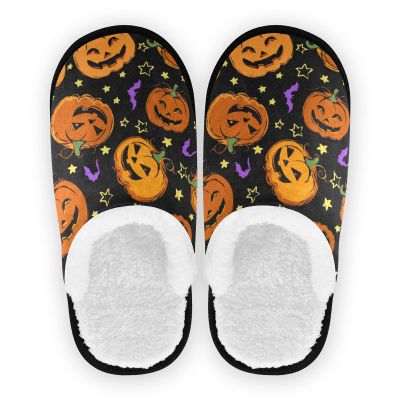 Dussdil Halloween Pumpkins House Slippers Bats Stars Home Spa Slippers Memory Foam Closed Toe Slipper Non Slip for Hotel Bedroom Travel Shoes Women Men L