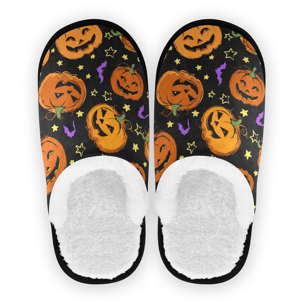 Dussdil Halloween Pumpkins House Slippers Bats Stars Home Spa Slippers Memory Foam Closed Toe Slipper Non Slip for Hotel Bedroom Travel Shoes Women Men L