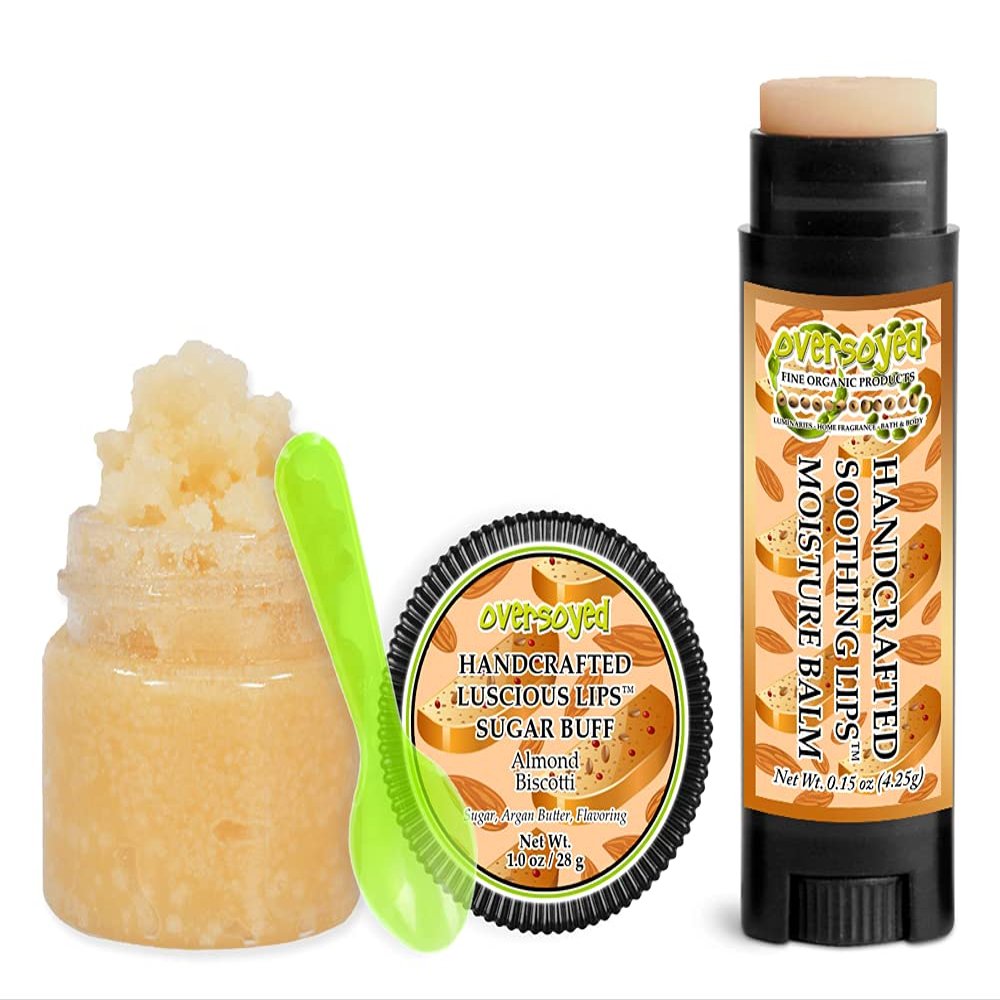 Almond Biscotti Soothing & Luscious Lips by OverSoyed Exfoliator & Chapped Lip Repair Lip Care Combo | Artisan Handcrafted to Order Anise Ginger Caramel Flavored Exfoliating Sugar Lip Scrub & Lip Moisturizer Balm Gift Set