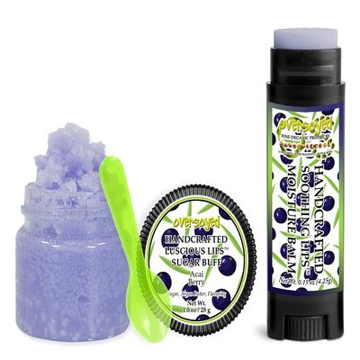 Acai Berry Soothing & Luscious Lips by OverSoyed Exfoliator & Chapped Lip Repair Lip Care Combo | Artisan Handcrafted to Order Strawberry Raspberry Boysenberry Peach Flavored Exfoliating Sugar Lip Scrub & Lip Moisturizer Balm Gift Set