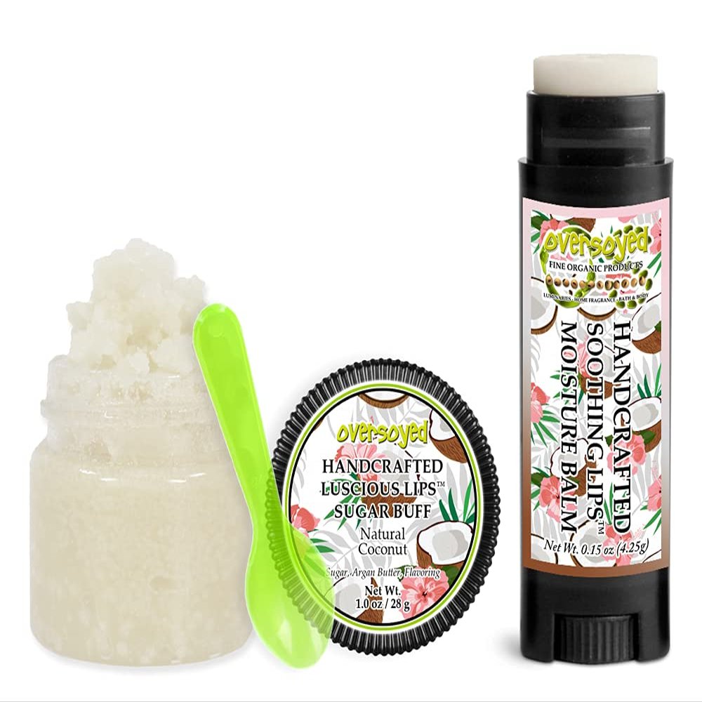 Natural Coconut Soothing & Luscious Lips by OverSoyed Exfoliator & Chapped Lip Repair Lip Care Combo | Artisan Handcrafted to Order Tropical Coconut Sweet Creamy Flavored Exfoliating Sugar Lip Scrub & Lip Moisturizer Balm Gift Set
